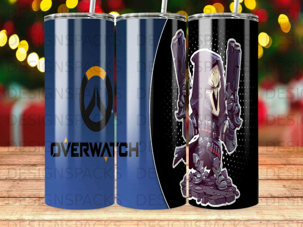 Overwatch Reaper character design on a blue and black tumbler with logos.