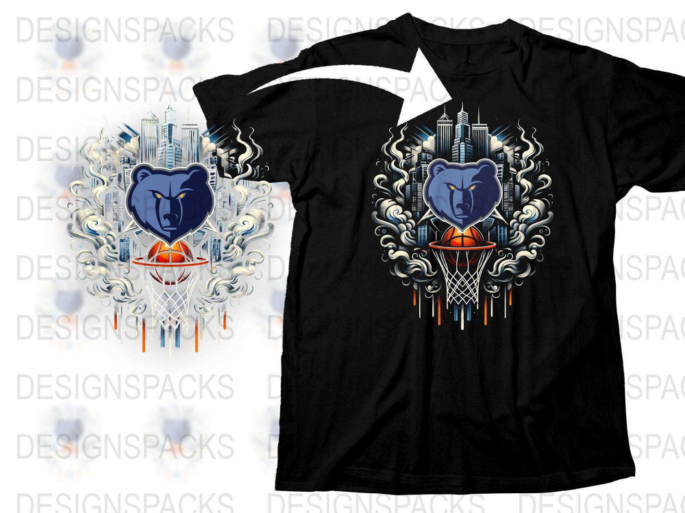 Men's Graphic T-Shirt with Bear and Basketball Design, Urban Style Black Shirt