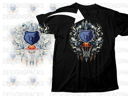 Men's Graphic T-Shirt with Bear and Basketball Design, Urban Style Black Shirt