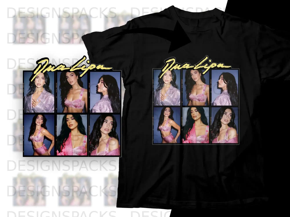 Dua Lipa collage t-shirt featuring multiple candid shots of the singer in pink outfits.