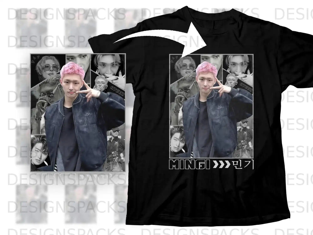 Black t-shirt with a collage of K-pop artist Mingi on the front.
