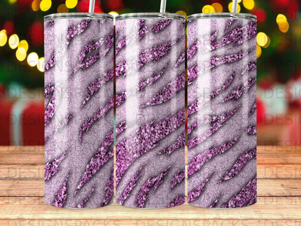 Pink glitter tiger stripes on three stainless steel tumblers.