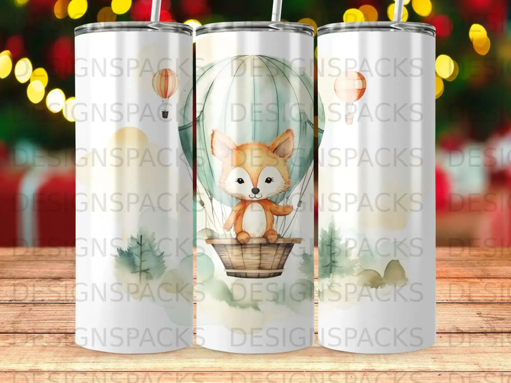 Fox in hot air balloon with subtle background patterns and repeated text watermark.