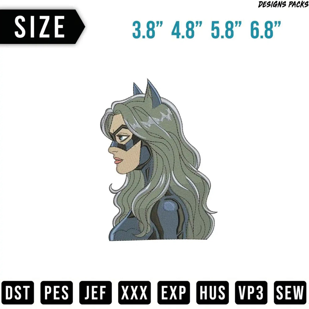 Embroidery design of a woman in a Batman-like mask and costume.
