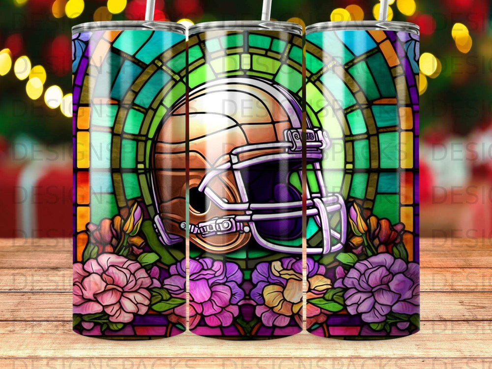 Football helmet with stained glass and floral border.