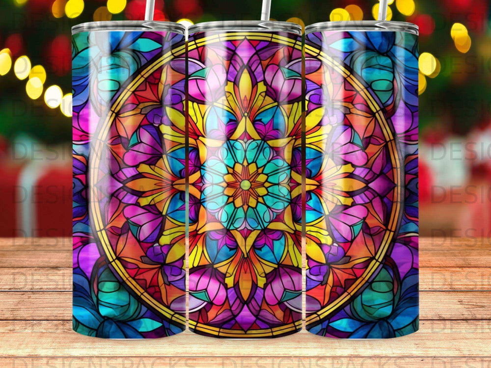 Colorful stained glass pattern with golden rim on a tumbler.