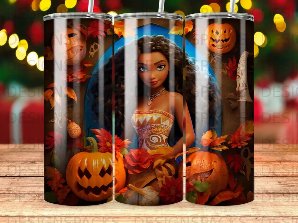 Moana surrounded by pumpkins and autumn leaves.