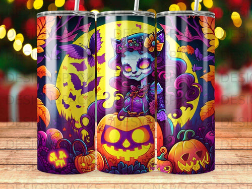 Halloween themed tumbler featuring a cat skeleton character in a pumpkin patch.