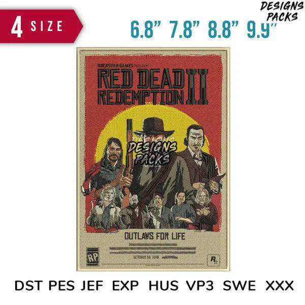 Red Dead Redemption II embroidery design with outlaw characters, available in multiple sizes and formats