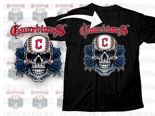 Gothic Skull T-Shirt, Guardian Baseball Letter C, Edgy Tattoo Style Graphic Tee, Bold Skull Print Shirt for Men and Women