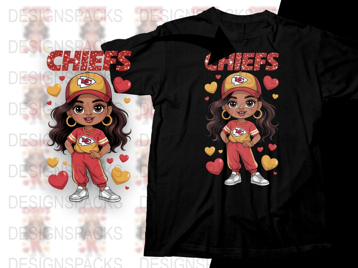 Cute Chiefs Fan T-Shirt, Cartoon Girl Graphic Tee, Football Team Support Shirt, Gift for Sports Lovers
