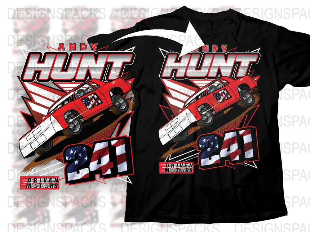 Andy Hunt Driven Motors Racing T-Shirt, Graphic Design Tee, Car and Stars, Bold Red and Black, Motorsport Apparel, Unisex Clothing