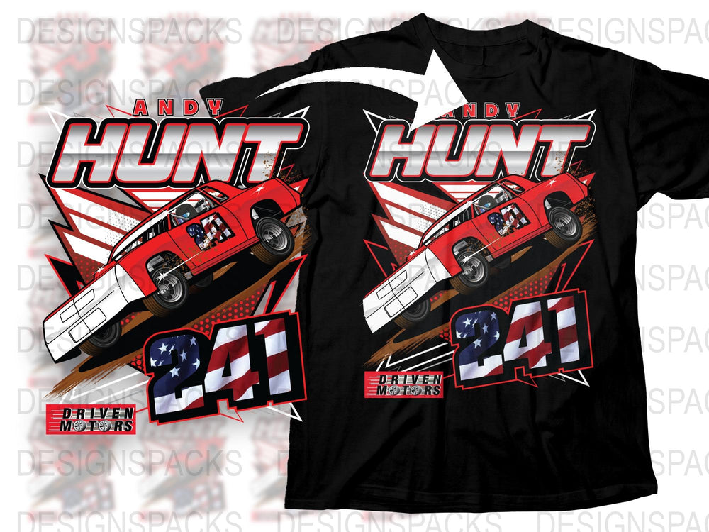 Andy Hunt Driven Motors Racing T-Shirt, Graphic Design Tee, Car and Stars, Bold Red and Black, Motorsport Apparel, Unisex Clothing
