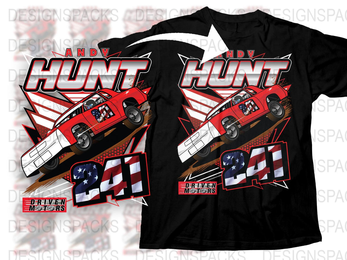 Andy Hunt Driven Motors Racing T-Shirt, Graphic Design Tee, Car and Stars, Bold Red and Black, Motorsport Apparel, Unisex Clothing