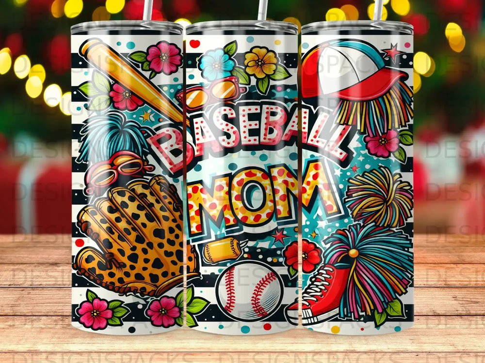 Baseball mom tumbler wrap with bat, glove, pom-poms, and flowers.