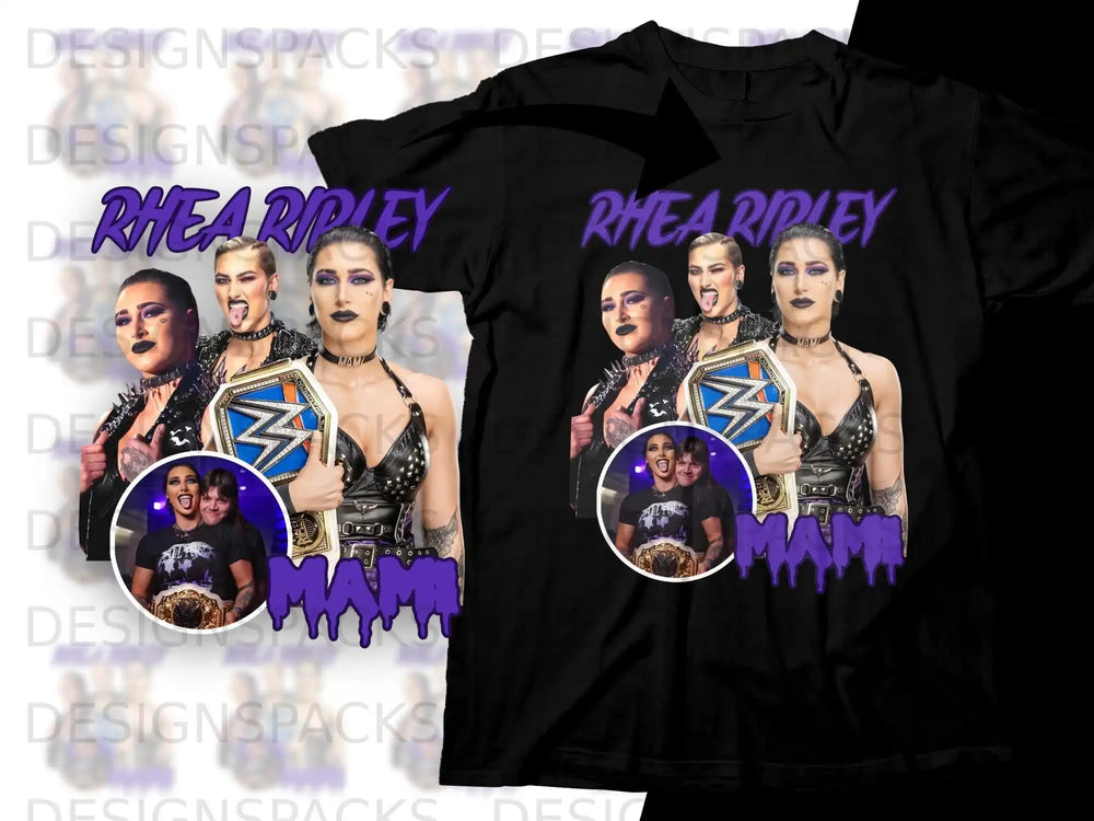 Rhea Ripley "MAMI" wrestling t-shirt design with multiple images and championship belt.