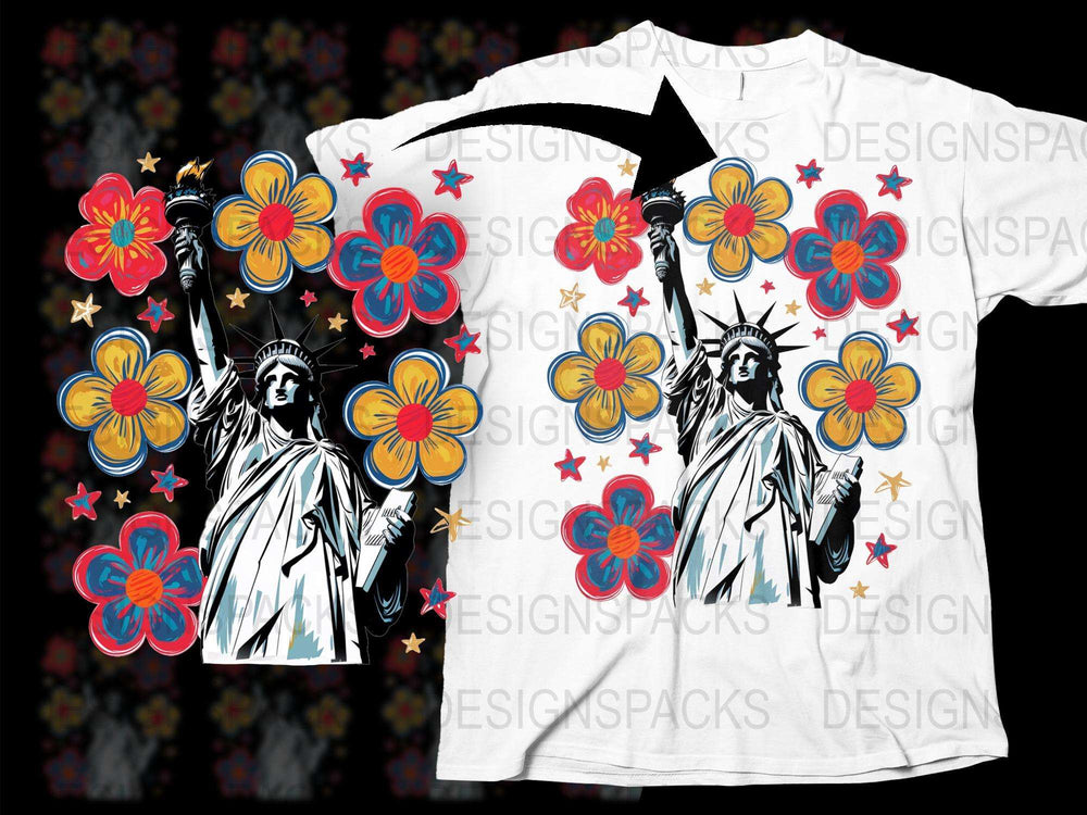 Colorful Floral Liberty Graphic T-Shirt, Unique Flower Pattern Statue Design Tee, Stylish Unisex Casual Wear