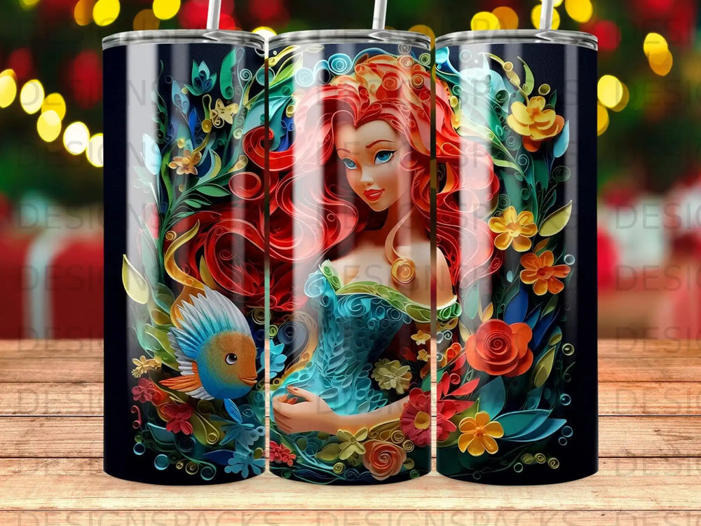 Woman with red hair in a blue dress surrounded by colorful flowers and a fish.