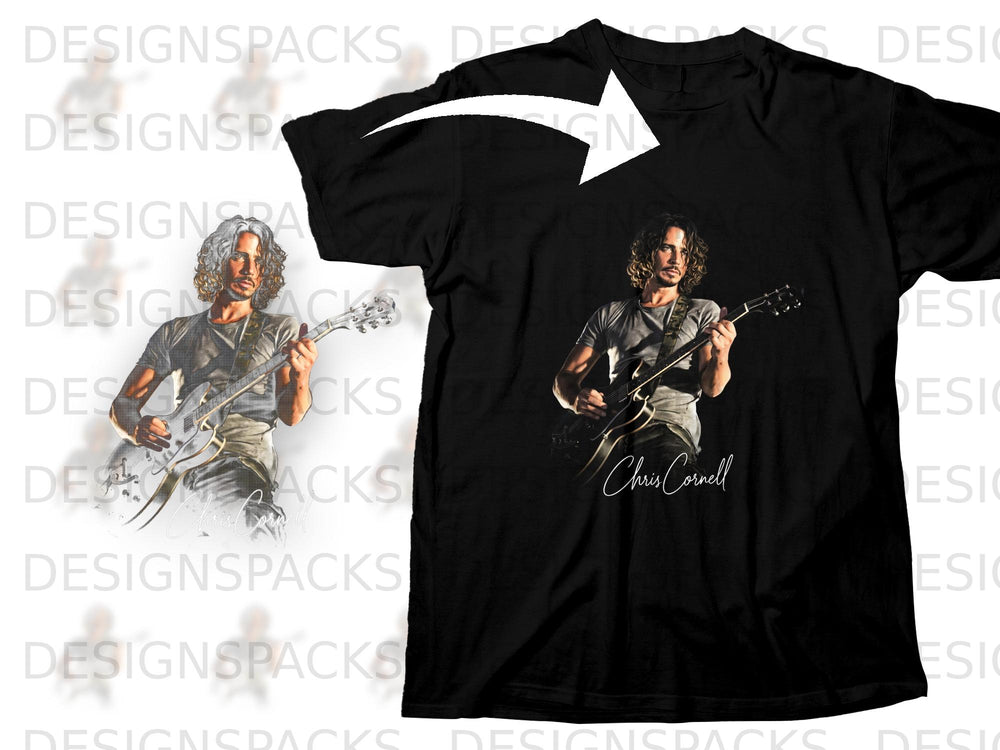 Black t-shirt with graphic of Chris Cornell playing guitar, text "Chris Cornell".