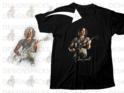 Black t-shirt with graphic of Chris Cornell playing guitar, text 