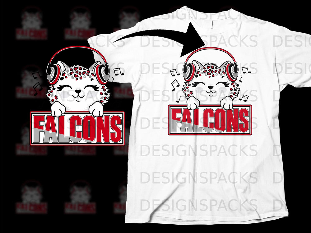 Cartoon cheetah wearing headphones holds a sign that says "FALCONS".