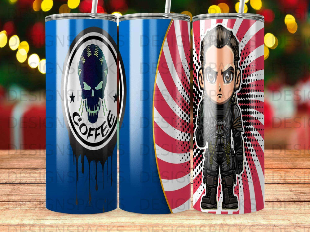 Stylized cartoon character in black outfit with coffee mug and skull logo.