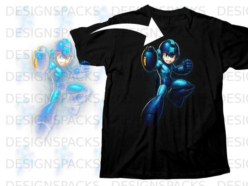 Black t-shirt featuring a full-body illustration of Mega Man.