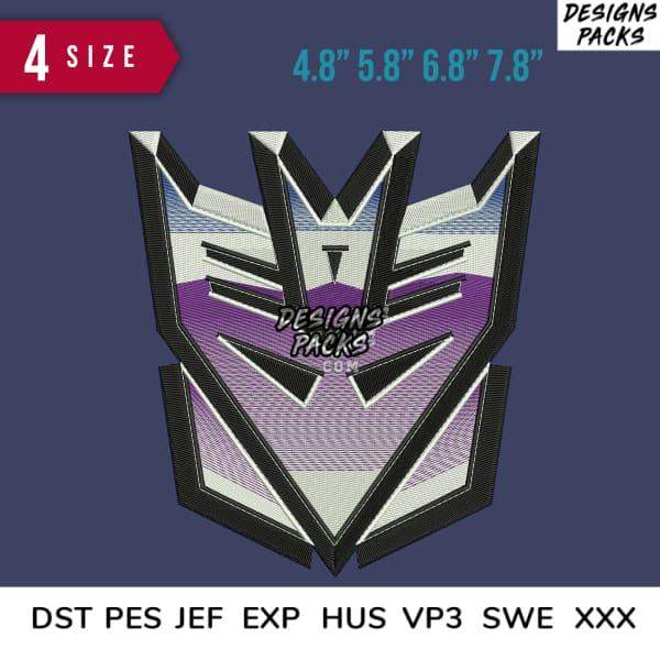 Purple and white Transformers-inspired embroidery design in 4 sizes, compatible with DST, PES, JEF formats.