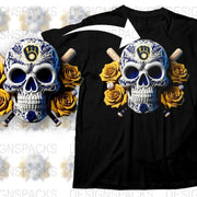 Men's Black T-Shirt with Blue and White Skull, Baseball Bats, Yellow Roses Design, Gothic Apparel