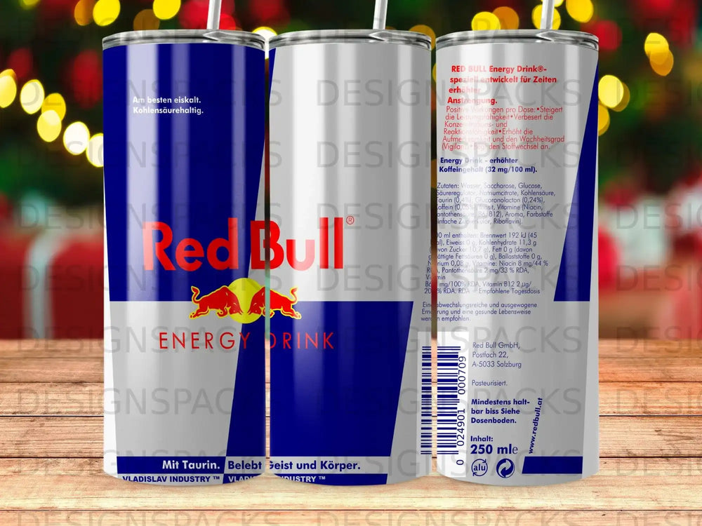 Red Bull Energy Drink can with nutritional information and brand logo.