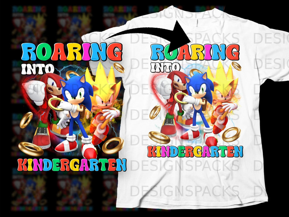 Sonic, Knuckles, and Tails characters with "Roaring Into Kindergarten" text on a t-shirt.