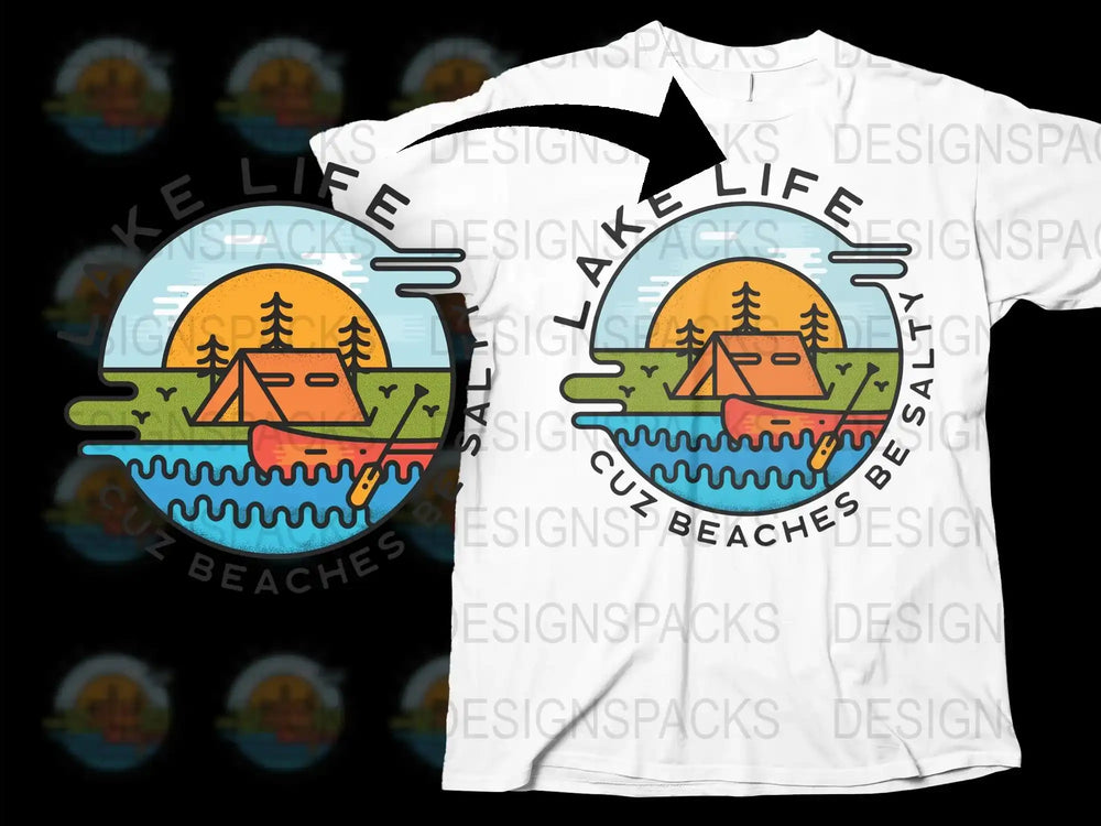 Camping T-Shirt, Round Lake Design, Tent and Trees Graphic Tee, Outdoor Adventure, Nature Lover Gift, Unisex White Shirt