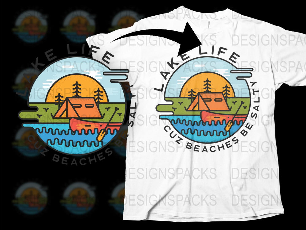 Camping T-Shirt, Round Lake Design, Tent and Trees Graphic Tee, Outdoor Adventure, Nature Lover Gift, Unisex White Shirt