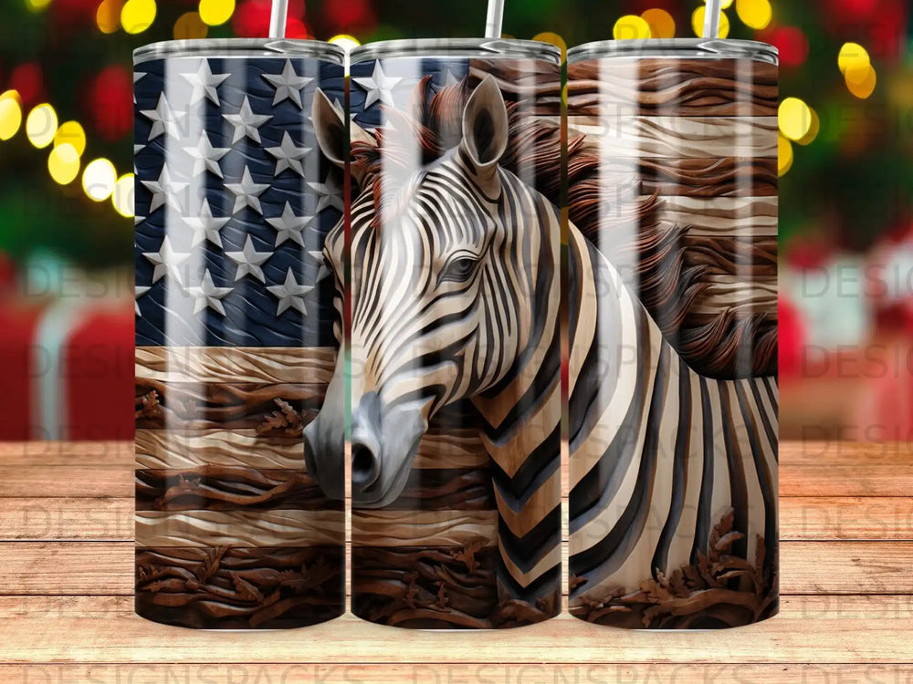 Zebra silhouette superimposed on an American flag pattern with wooden texture.