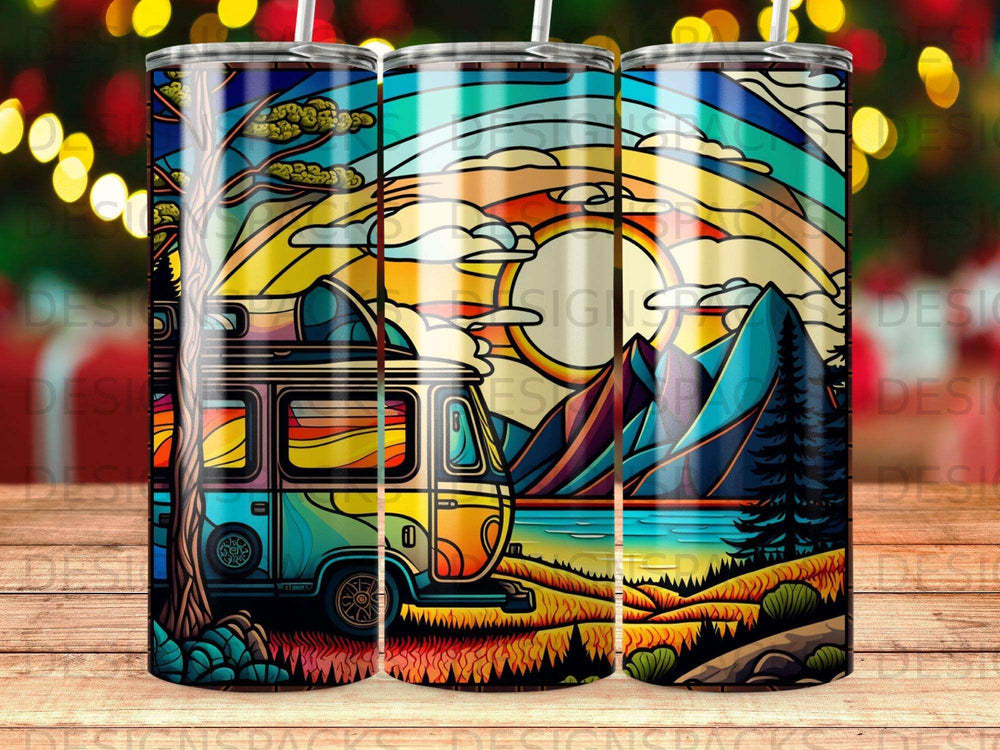 Vanlife scene with mountains, lake, and vibrant stained-glass style sun.