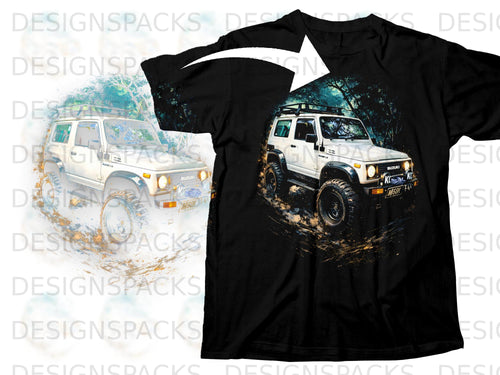 Black t-shirt with white Suzuki Samurai off-roading graphic, tires kicking up mud.