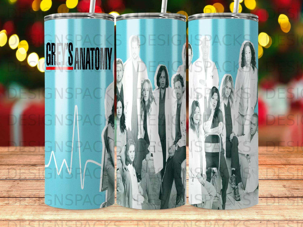 Grey's Anatomy cast montage on a blue tumbler.