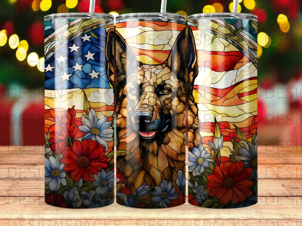 German Shepherd with American flag and stained-glass floral design.