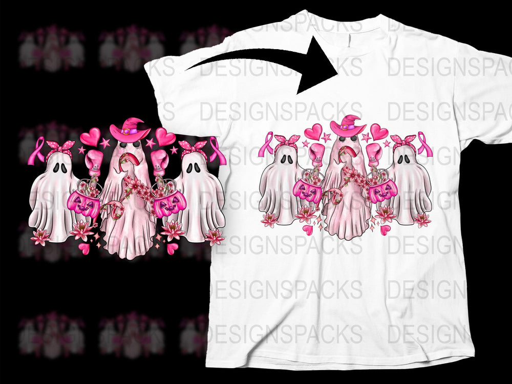 Cute Ghost T-Shirt, Pink Blossoms and Hearts Design, Spooky Cute Graphic Tee for All Ages