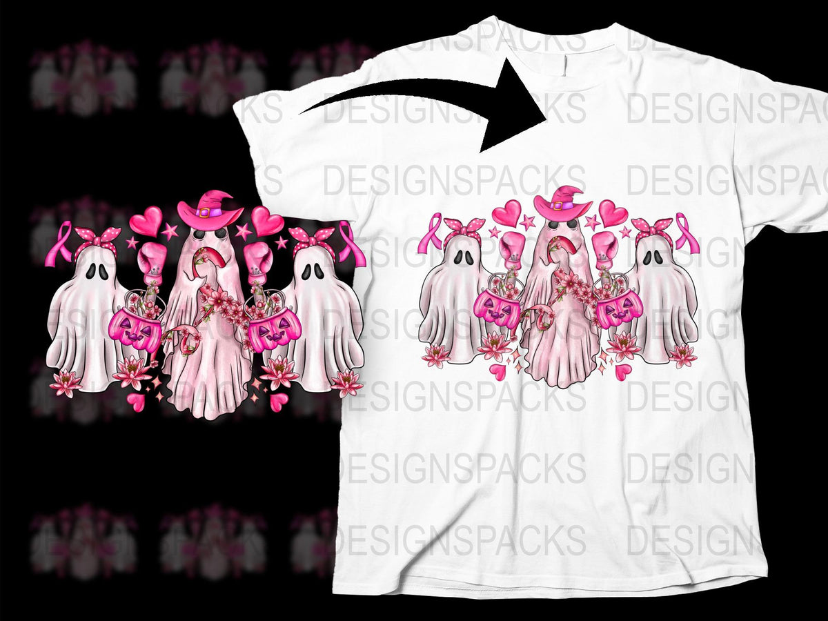 Cute Ghost T-Shirt, Pink Blossoms and Hearts Design, Spooky Cute Graphic Tee for All Ages