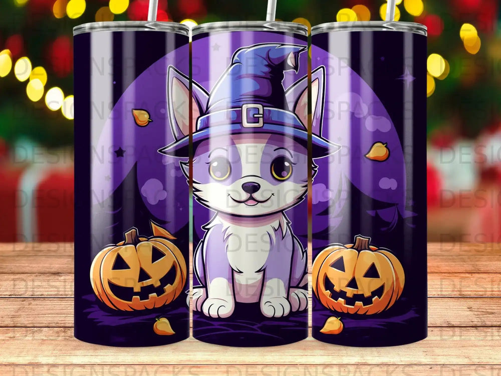 Purple kitten in witch hat with pumpkins and moon.