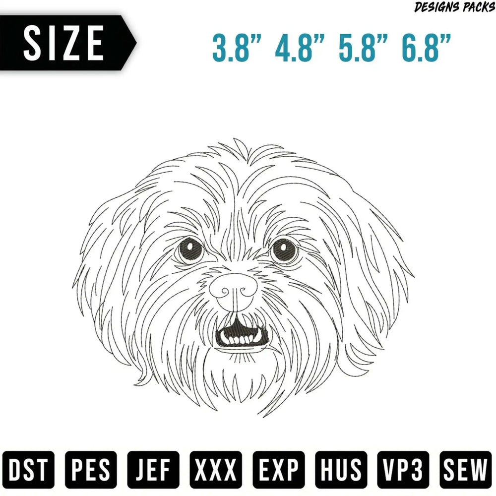 Line art of a fluffy dog's face with sizes and file formats.