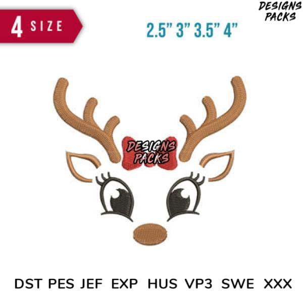 Cute reindeer face embroidery design in 4 sizes, available in DST PES JEF formats for instant download