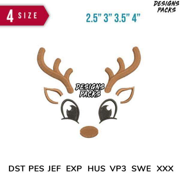 Cute reindeer face embroidery design in 4 sizes, available in PES, DST, JEF formats for instant download.