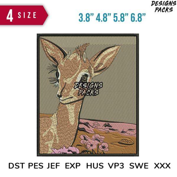 Embroidery design of a giraffe with floral background, available in PES, DST, JEF formats, 4 sizes