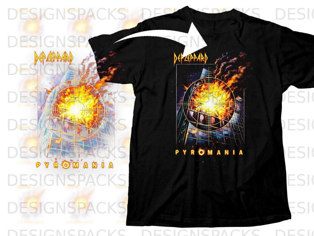 Black t-shirt featuring Def Leppard Pyromania album art with explosion and city.