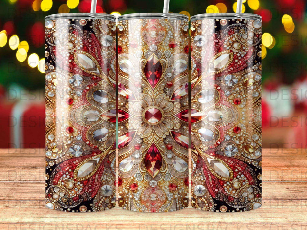 Intricate mandala tumbler with red and gold jewels and metallic accents.