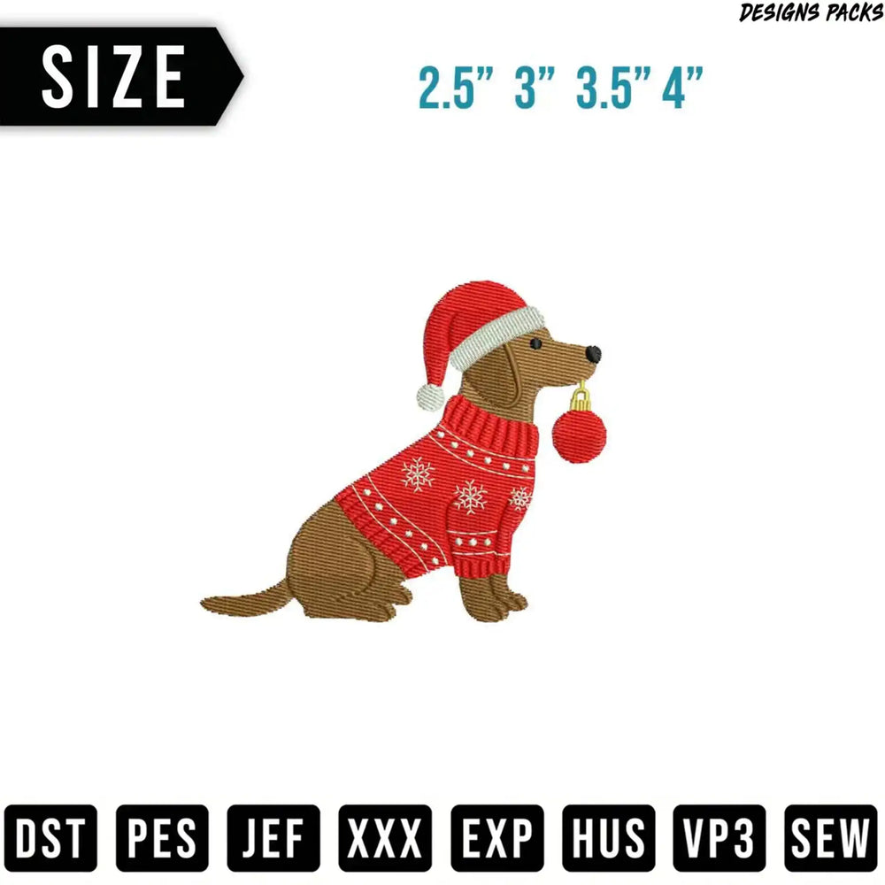 Brown dachshund wearing a red and white Christmas sweater and hat.