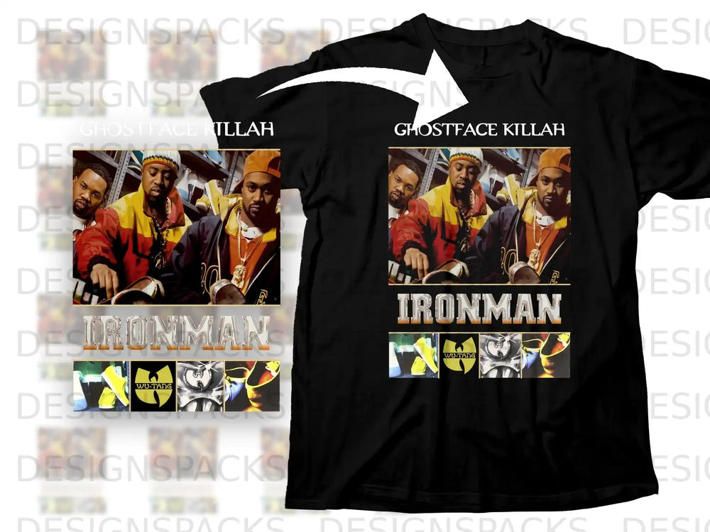 Black t-shirt featuring Ghostface Killah album art with "Ironman" and Wu-Tang logo.