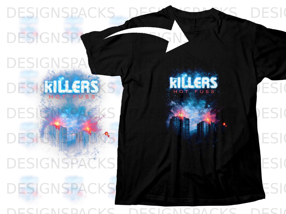 Black t-shirt with "The Killers Hot Fuss" album art featuring city skyline.